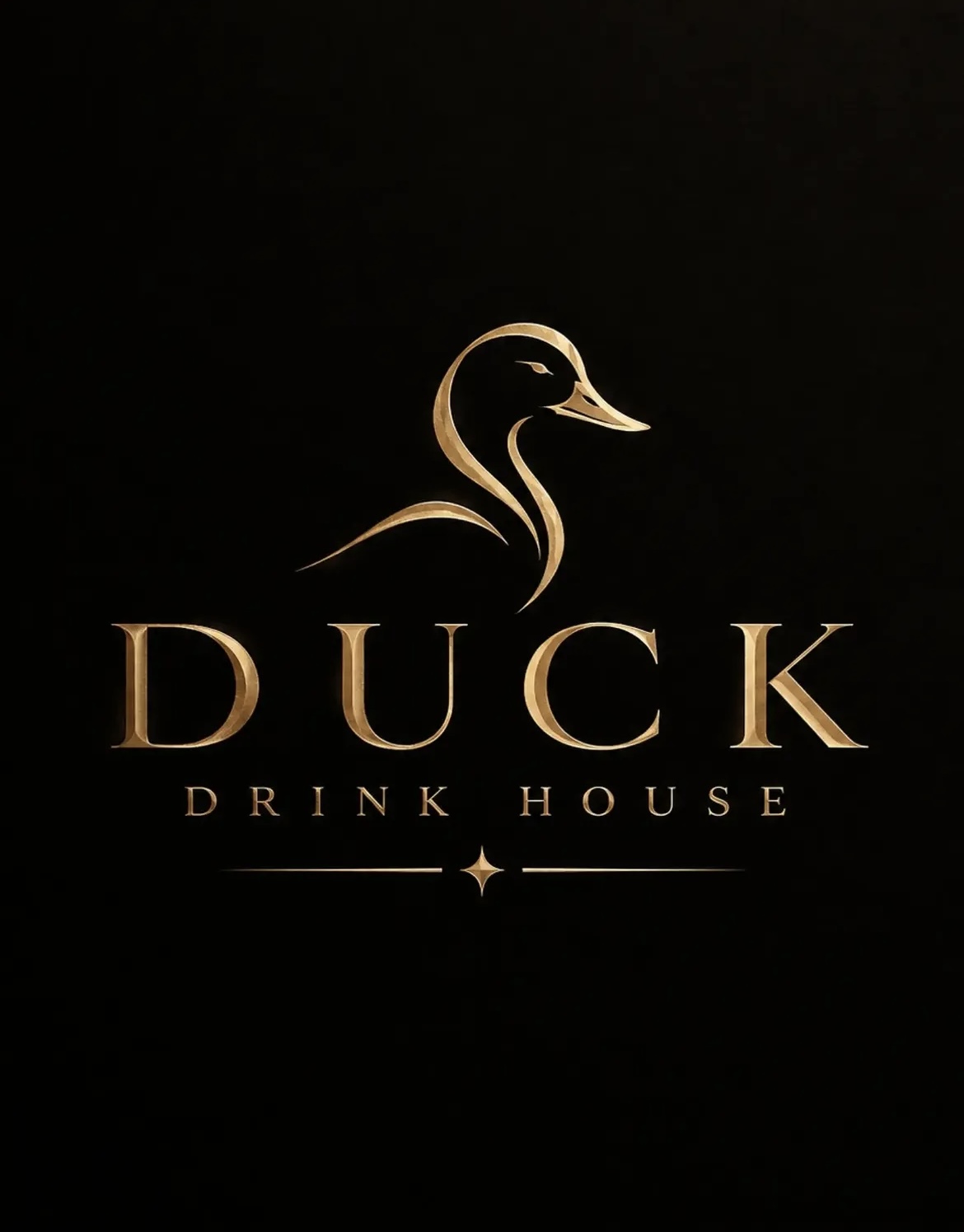 Logo dourada do Duck Drink House, com símbolo de pato sobre fundo preto